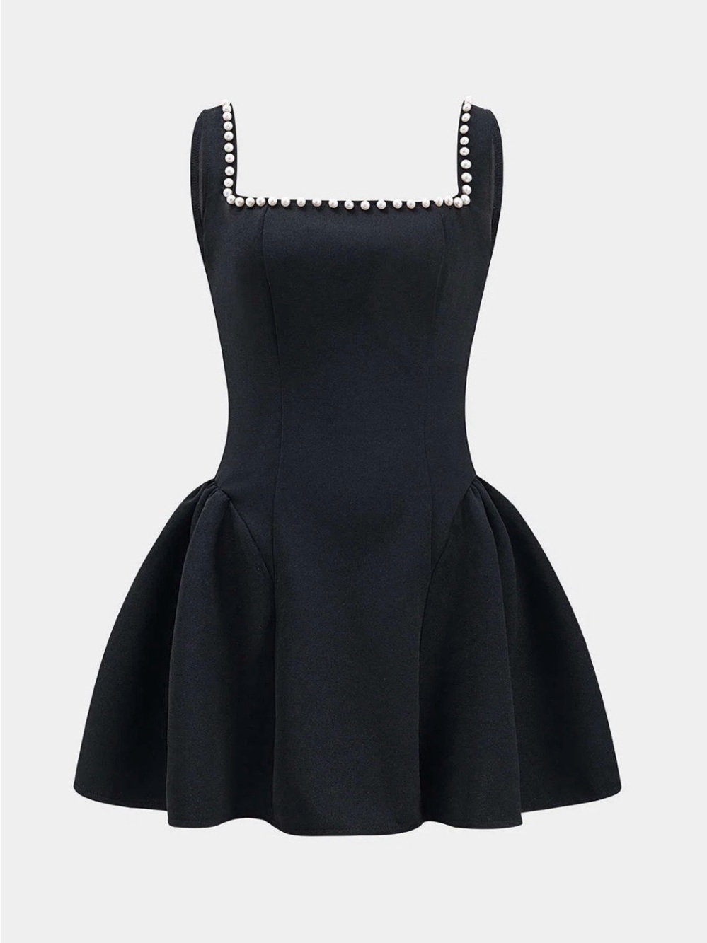 Pearl Ruched Zipper Mini Dress -Black Pearl-Trim Square Neck Mini Dress